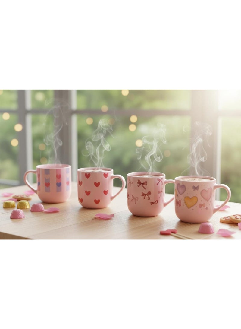 طقم مجات سيراميك 4 قطع وردي بأشكال متنوعة – أكواب قهوة وشاي بتصميم قلوب وبنات – هدية مثالية - Image 2